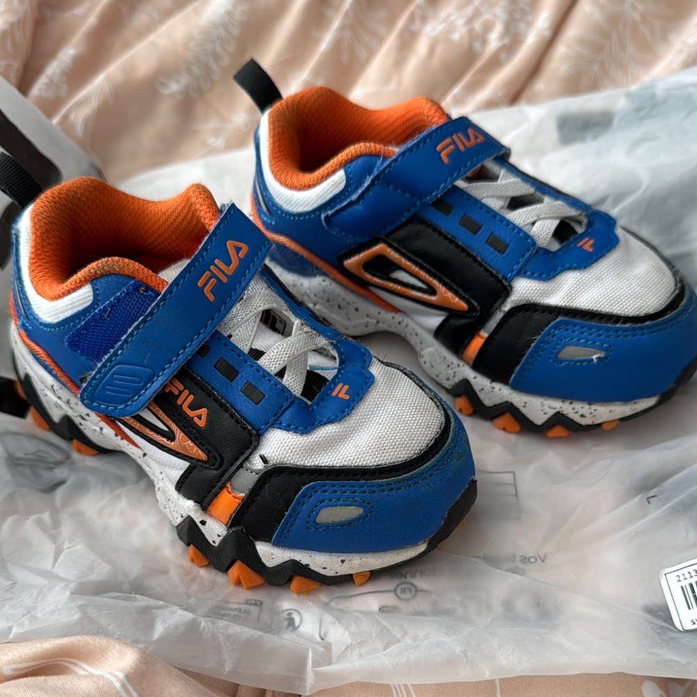 Fila Kids' White, Blue, and Orange Sneakers